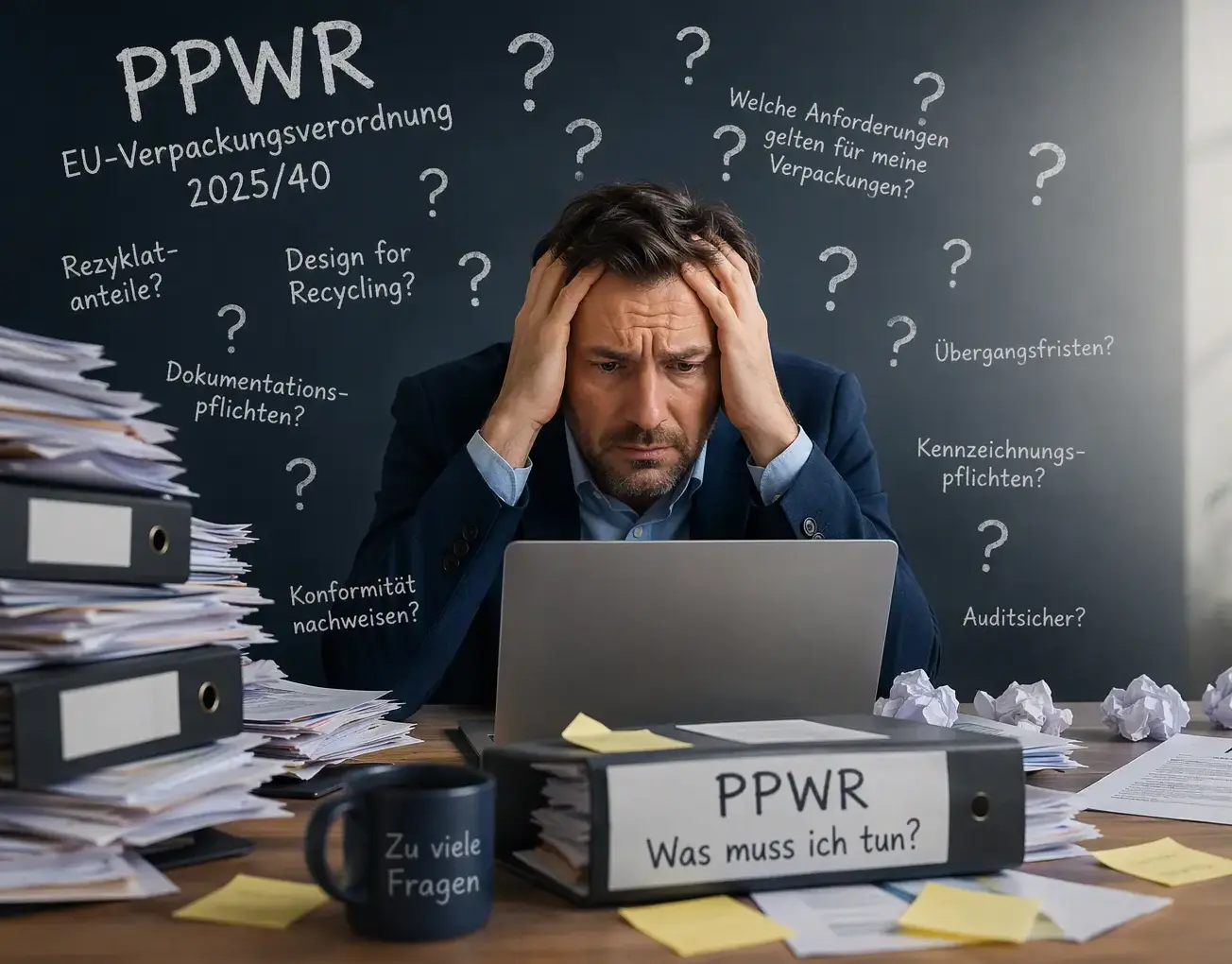 Ein Mitarbeiter sitzt verzweifelt am Schreibtisch und geht in einer Flut von Papieren zur PPWR unter