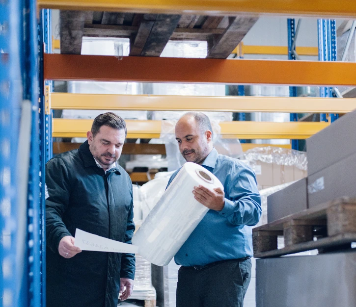 Der Bestand von den Stretchrobotern wird im Lager von Vogel Verpackungen geprüft.